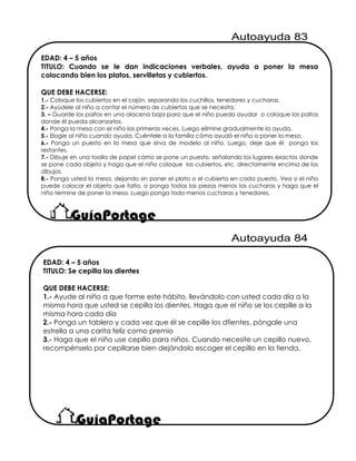 EDAD: 4 – 5 años
TITULO: Cuando se le dan indicaciones verbales, ayuda a poner la mesa
colocando bien los platos, servilletas y cubiertos.
QUE DEBE HACERSE:
1.- Coloque los cubiertos en el cajón, separando los cuchillos, tenedores y cucharas.
2.- Ayúdele al niño a contar el número de cubiertos que se necesita.
3. – Guarde los paltos en una alacena baja para que el niño pueda ayudar o coloque los paltos
donde él pueda alcanzarlos.
4.- Ponga la mesa con el niño las primeras veces. Luego elimine gradualmente la ayuda.
5.- Elogie al niño cuando ayuda. Cuéntele a la familia cómo ayudó el niño a poner la mesa.
6.- Ponga un puesto en la mesa que sirva de modelo al niño. Luego, deje que él ponga los
restantes.
7.- Dibuje en una toalla de papel cómo se pone un puesto, señalando los lugares exactos donde
se pone cada objeto y haga que el niño coloque los cubiertos, etc. directamente encima de los
dibujos.
8.- Ponga usted la mesa, dejando sin poner el plato o el cubierto en cada puesto. Vea si el niño
puede colocar el objeto que falta, o ponga todas las piezas menos las cucharas y haga que el
niño termine de poner la mesa. Luego ponga todo menos cucharas y tenedores.
EDAD: 4 – 5 años
TITULO: Se cepilla los dientes
QUE DEBE HACERSE:
1.- Ayude al niño a que forme este hábito, llevándolo con usted cada día a la
misma hora que usted se cepilla los dientes. Haga que el niño se los cepille a la
misma hora cada día
2.- Ponga un tablero y cada vez que él se cepille los dfientes, póngale una
estrella a una carita feliz como premio
3.- Haga que el niño use cepillo para niños. Cuando necesite un cepillo nuevo,
recompénselo por cepillarse bien dejándolo escoger el cepillo en la tienda.
 