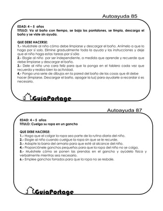 EDAD: 4 – 5 años
TITULO: Va al baño con tiempo, se baja los pantalones, se limpia, descarga el
baño y se viste sin ayuda.
QUE DEBE HACERSE:
1.- Muéstrele al niño cómo debe limpiarse y descargar el baño. Anímelo a que lo
haga por sí solo. Elimine gradualmente toda la ayuda y las instrucciones y deje
que el niño haga estas tareas por sí sólo
2.- Elogie al niño por ser independiente, a medida que aprende y recuerde que
debe limpiarse y descargar el baño.
3.- Dele al niño una cara feliz para que la ponga en el tablero cada vez que
recuerda y realiza bien la actividad.
4.- Ponga una serie de dibujos en la pared del baño de las cosas que él debe
hacer (limpiarse. Descargar el baño, apagar la luz) para ayudarle a recordar si es
necesario.
EDAD: 4 – 5 años
TITULO: Cuelga su ropa en un gancho
QUE DEBE HACERSE:
1.- Haga que el colgar la ropa sea parte de la rutina diaria del niño.
2.- Elogie al niño cuando cuelgue la ropa sin que se le recurde.
3.- Adapte la barra del armario para que esté al alcance del niño.
4.- Proporciónele ganchos pequeños para que la ropa del niño no se caiga.
5.- Muéstrele cómo se ponen las prendas en el gancho y ayúdelo física y
verbalmente mientras sea necesario.
6.- Emplee ganchos forrados para que la ropa no se resbale.
 