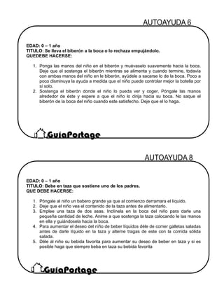 EDAD: 0 – 1 año
TITULO: Se lleva el biberón a la boca o lo rechaza empujándolo.
QUEDEBE HACERSE:
1. Ponga las manos del niño en el biberón y muévaselo suavemente hacia la boca.
Deje que el sostenga el biberón mientras se alimenta y cuando termine, todavía
con ambas manos del niño en le biberón, ayúdele a sacarse lo de la boca. Poco a
poco disminuya la ayuda a medida que el niño puede controlar mejor la botella por
si solo.
2. Sostenga el biberón donde el niño lo pueda ver y coger. Póngale las manos
alrededor de éste y espere a que el niño lo dirija hacia su boca. No saque el
biberón de la boca del niño cuando este satisfecho. Deje que el lo haga.
EDAD: 0 – 1 año
TITULO: Bebe en taza que sostiene uno de los padres.
QUE DEBE HACERSE:
1. Póngale al niño un babero grande ya que al comienzo derramara el líquido.
2. Deje que el niño vea el contenido de la taza antes de alimentarlo.
3. Emplee una taza de dos asas. Inclínela en la boca del niño para darle una
pequeña cantidad de leche. Anime a que sostenga la taza colocando le las manos
en ella y guiándosela hacia la boca.
4. Para aumentar el deseo del niño de beber líquidos déle de comer galletas saladas
antes de darle líquido en la taza y alterne tragas de este con la comida sólida
salada.
5. Déle al niño su bebida favorita para aumentar su deseo de beber en taza y si es
posible haga que siempre beba en taza su bebida favorita
 