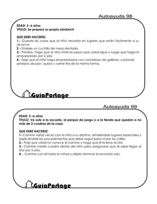 EDAD: 5 –6 años
TITULO: Se prepara su propio sándwich
QUE DEBE HACERSE:
1.- Guarde las cosas que el niño necesita en lugares que estén fácilmente a su
alcance
2.- Emplee un cuchillo de mesa dentado.
3.- Primero, haga que el niño imite los pasos que usted sigue y luego que haga el
emparedado por sí solo
4.- Deje que el niño haga emparedados con cortadores de galletas, cortando
pedazos de pan, queso y carne fría de la misma forma.
EDAD: 5 –6 años
TITULO: Va solo a la escuela, al parque de juego o a la tienda que quedan a no
más de 2 cuadras de la casa.
QUE DEBE HACERSE:
1.-Camine varias veces con el niño a su destino, señalándole lugares especiales y
explicándole los procedimientos que debe seguir para cruzar las calles.
2.- Finja que usted no conoce el camino y haga que él la lleve al sitio
3.- Camine media cuadra detrás del niño para asegurarse que él sabe llegar al
sitio por sí solo.
4.- Camine con él hasta la mitad y déjelo terminar el recorrido solo.
 
