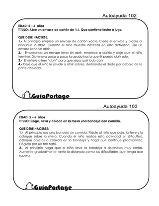 EDAD: 5 – 6 años
TITULO: Abre un envase de cartón de ¼ l. Que contiene leche o jugo.
QUE DEBE HACERSE:
1.- Al principio emplee un envase de cartón vacío. Cierre el envase y pídale al
niño que lo abra. Cuando el niño muestre destreza en esta actividad, use un
envase lleno sin abrir.
2.- Empleando un envase lleno sin abrir, empiece a abrirlo y deje que el niño
termine. Disminuya poco a poco la ayuda hasta que él pueda abrir solo.
3.- Enséñele a leer “abrir” para que sepa qué lado abrir
4.- Deje que el niño le ayude a abrir sobres, deslizando el dedo por debajo de la
parte doblada.
EDAD: 5 – 6 años
TITULO: Coge, lleva y coloca en la mesa una bandeja con comida.
QUE DEBE HACERSE:
1.- Al principio use una bandeja sin comida. Pídale al niño que coja, la lleve y la
coloque sobre la mesa. Cuando el niño realice esta actividad sin dificultad,
coloque objetos o comida en la bandeja y haga que continúe practicando.
Elógielo por ser tan hábil.
2.- Al principio haga que el niño lleve la bandeja a distancias muy cortas.
Aumente gradualmente tanto la distancia como las dificultades que tenga que
superar.
 