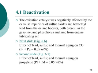 40
4.1 Deactivation
 The oxidation catalyst was negatively affected by the
exhaust impurities of sulfur oxides and tetraethyl
lead from the octane booster, both present in the
gasoline, and phosphorus and zinc from engine
lubricating oil.
 Next slide (Fig. 6.6)
Effect of lead, sulfur, and thermal aging on CO
(Pt + Pd = 0.05 wt%)
 Second slide (Fig. 6.7)
Effect of lead, sulfur, and thermal aging on
propylene (Pt + Pd = 0.05 wt%)
 