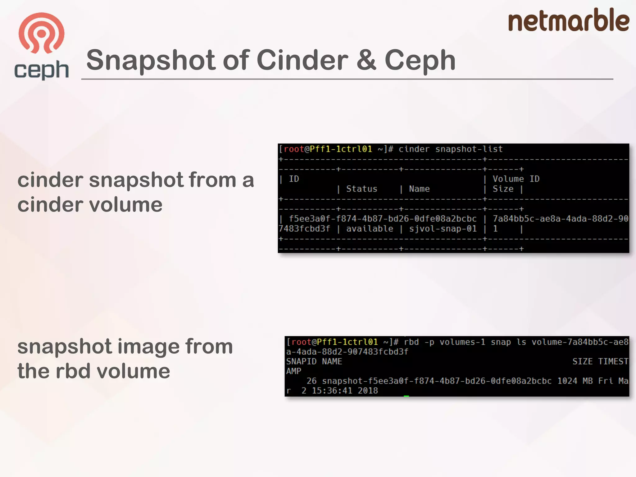 Snapshot of Cinder & Ceph
cinder snapshot from a
cinder volume
snapshot image from
the rbd volume
 