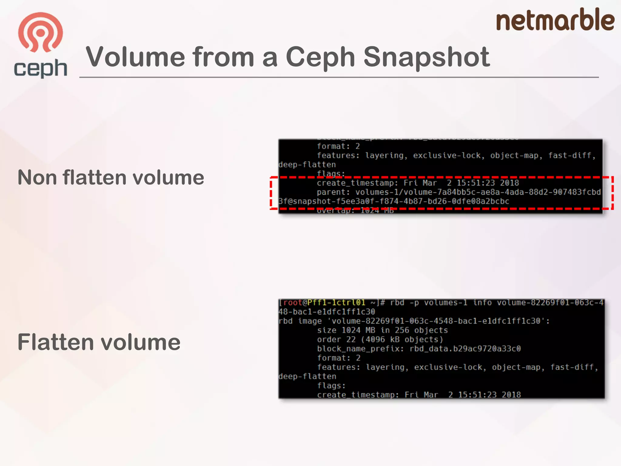 Non flatten volume
Flatten volume
Volume from a Ceph Snapshot
 