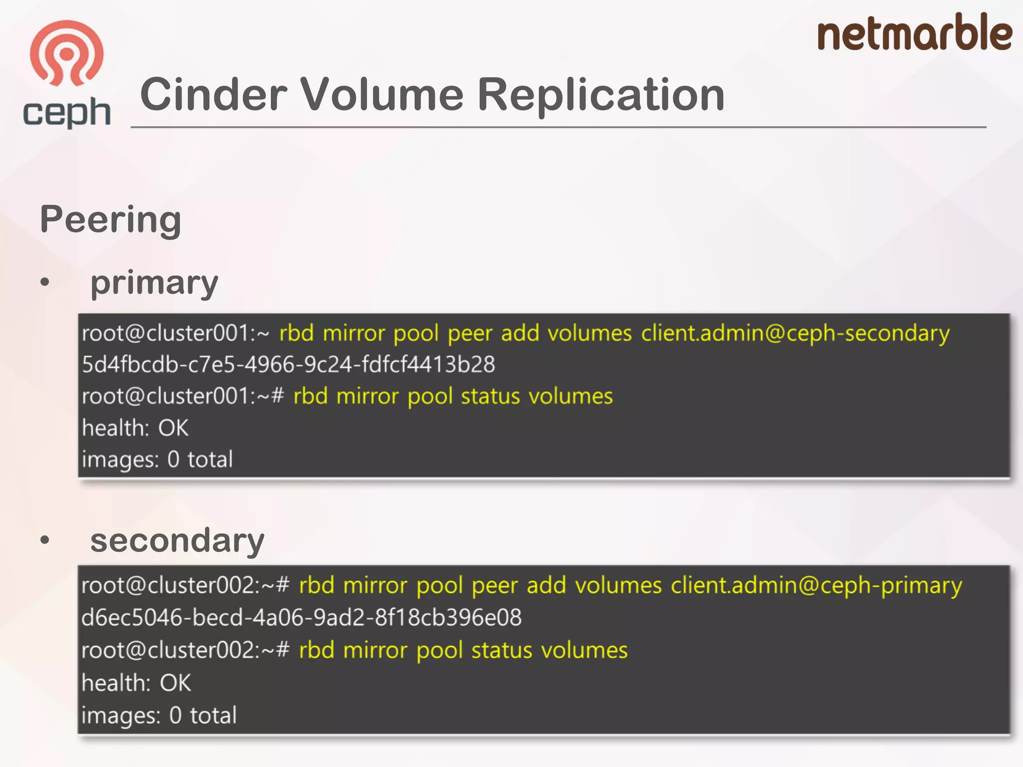 Cinder Volume Replication
Peering
• primary
• secondary
 