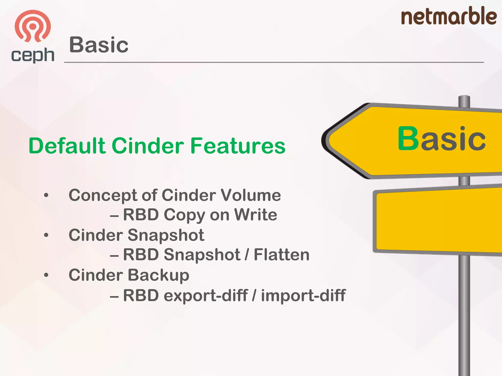 Basic
Default Cinder Features
• Concept of Cinder Volume
– RBD Copy on Write
• Cinder Snapshot
– RBD Snapshot / Flatten
• Cinder Backup
– RBD export-diff / import-diff
Basic
 