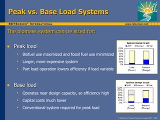 Peak vs. Base Load Systems

The biomass system can be sized for:

• Peak load
      Biofuel use maximized and fossil fuel use minimized
      Larger, more expensive system
      Part load operation lowers efficiency if load variable



• Base load
      Operates near design capacity, so efficiency high
      Capital costs much lower
      Conventional system required for peak load

                                                                © Minister of Natural Resources Canada 2001 – 2002.
 