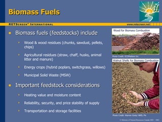 Biomass Fuels

                                                               Wood for Biomass Combustion
• Biomass fuels (feedstocks) include
      Wood & wood residues (chunks, sawdust, pellets,
       chips)

      Agricultural residues (straw, chaff, husks, animal     Photo Credit: ECOMatters Inc
       litter and manure)                                     Walnut Shells for Biomass Combustion

      Energy crops (hybrid poplars, switchgrass, willows)

      Municipal Solid Waste (MSW)


• Important feedstock considerations
      Heating value and moisture content

      Reliability, security, and price stability of supply

      Transportation and storage facilities
                                                              Photo Credit: Warren Gretz/ NREL Pix

                                                                     © Minister of Natural Resources Canada 2001 – 2002.
 