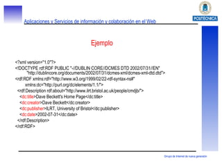 Ejemplo <?xml version="1.0"?> <!DOCTYPE rdf:RDF PUBLIC "-//DUBLIN CORE//DCMES DTD 2002/07/31//EN" "http://dublincore.org/documents/2002/07/31/dcmes-xml/dcmes-xml-dtd.dtd"> <rdf:RDF xmlns:rdf="http://www.w3.org/1999/02/22-rdf-syntax-ns#" xmlns:dc="http://purl.org/dc/elements/1.1/"> <rdf:Description rdf:about="http://www.ilrt.bristol.ac.uk/people/cmdjb/"> < dc:title >Dave Beckett's Home Page</dc:title> < dc:creator >Dave Beckett</dc:creator> < dc:publisher >ILRT, University of Bristol</dc:publisher> < dc:date >2002-07-31</dc:date> </rdf:Description> </rdf:RDF> 