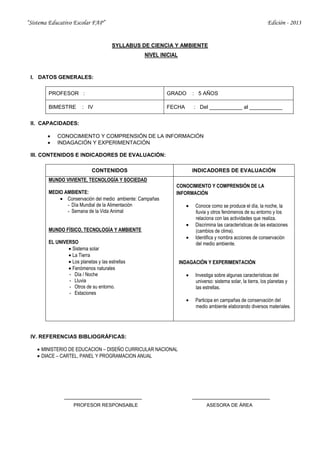 “Sistema Educativo Escolar FAP” Edición - 2013
SYLLABUS DE CIENCIA Y AMBIENTE
NIVEL INICIAL
I. DATOS GENERALES:
PROFESOR : GRADO : 5 AÑOS
BIMESTRE : IV FECHA : Del ___________ al ___________
II. CAPACIDADES:
CONOCIMIENTO Y COMPRENSIÓN DE LA INFORMACIÓN
INDAGACIÓN Y EXPERIMENTACIÓN
III. CONTENIDOS E INDICADORES DE EVALUACIÓN:
CONTENIDOS INDICADORES DE EVALUACIÓN
MUNDO VIVIENTE, TECNOLOGÍA Y SOCIEDAD
MEDIO AMBIENTE:
Conservación del medio ambiente: Campañas
- Día Mundial de la Alimentación
- Semana de la Vida Animal
MUNDO FÍSICO, TECNOLOGÍA Y AMBIENTE
EL UNIVERSO
Sistema solar
La Tierra
Los planetas y las estrellas
Fenómenos naturales
- Día / Noche
- Lluvia
- Otros de su entorno.
- Estaciones
CONOCIMIENTO Y COMPRENSIÓN DE LA
INFORMACIÓN
Conoce como se produce el día, la noche, la
lluvia y otros fenómenos de su entorno y los
relaciona con las actividades que realiza.
Discrimina las características de las estaciones
(cambios de clima).
Identifica y nombra acciones de conservación
del medio ambiente.
INDAGACIÓN Y EXPERIMENTACIÓN
Investiga sobre algunas características del
universo: sistema solar, la tierra, los planetas y
las estrellas.
Participa en campañas de conservación del
medio ambiente elaborando diversos materiales.
IV. REFERENCIAS BIBLIOGRÁFICAS:
MINISTERIO DE EDUCACION – DISEÑO CURRICULAR NACIONAL
DIACE – CARTEL, PANEL Y PROGRAMACION ANUAL
PROFESOR RESPONSABLE ASESORA DE ÁREA
 