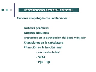 HIPERTENSION ARTERIAL ESENCIAL Factores etiopatogénicos involucrados: Factores genéticos Factores culturales Trastornos en la distribución del agua y del Na + Alteraciones en la vasculatura Alteración en la función renal - excreción de Na + - SRAA - PgE - PgI 