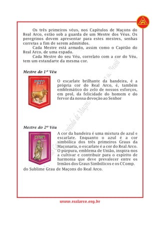 1        Os três primeiros véus, nos Capítulos de Maçons do
2   Real Arco, estão sob a guarda de um Mestre dos Véus. Os
3   peregrinos devem apresentar para estes mestres, senhas
4   corretas a fim de serem admitidos.
5        Cada Mestre está armado, assim como o Capitão do
6   Real Arco, de uma espada.
7        Cada Mestre do seu Véu, correlato com a cor do Véu,
8   tem um estandarte da mesma cor.




                                             rasil
                                           do B
                                       Arco
                                    Real
                                 s do
                              açon
                            eM
                        ulo d
                      apít
                      C
                  nde
                Gra
             remo
          Sup




                     www.realarco.org.br
 