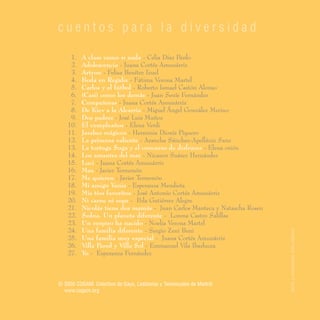 cuentos para la diversidad

    1.    A clase como si nada - Celia Díaz Pardo
    2.    Adolescencia - Juana Cortés Amunárriz
    3.    Artyon - Felisa Benítez Izuel
    4.    Boda en Regaliz - Fátima Verona Martel
    5.    Carlos y el fútbol - Roberto Ismael Castón Alonso
    6.    (Casi) como los demás - Juan Senís Fernández
    7.    Compañeras - Juana Cortés Amunárriz
    8.    De Kiev a la Alcarria - Miguel Ángel González Merino
    9.    Dos padres - José Luis Muñoz
   10.    El cumpleaños - Elena Verdi
   11.    Jarabes mágicos - Herminia Dionís Piquero
   12.    La princesa valiente - Arancha Sánchez-Apellániz Sanz
   13.    La tortuga Suga y el concurso de disfraces - Elena orión
   14.    Los amantes del mar - Nicanor Suárez Hernández
   15.    Luci - Juana Cortés Amunárriz
   16.    Max - Javier Termenón
   17.    Me quieren - Javier Termenón
   18.    Mi amigo Vania - Esperanza Mendieta
   19.    Mis tíos favoritos - José Antonio Cortés Amunárriz
   20.    Ni carne ni sopa - Pola Gutiérrez Alegre
   21.    Nicolás tiene dos mamás - Juan Carlos Manteca y Natascha Rosen
   22.    Sedna. Un planeta diferente - Lorena Castro Salillas
   23.    Un suspiro ha nacido - Noelia Verona Martel
   24.    Una familia diferente - Sergio Zeni Beni




                                                                           diseño y maquetación: itziar olaberria
   25.    Una familia muy especial - Juana Cortés Amunárriz
   26.    Villa Pared y Villa Sol - Emmanuel Vila Ibarlucea
   27.    Yo - Esperanza Fernández



© 2005 COGAM. Colectivo de Gays, Lesbianas y Tansexuales de Madrid
  www.cogam.org
 