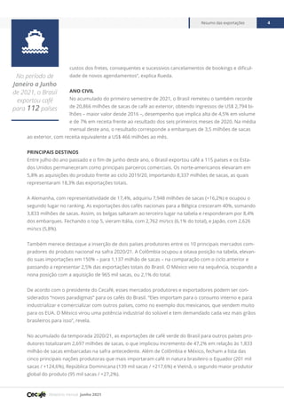 Relatório mensal junho 2021
Resumo das exportações 4

No período de
Janeiro a Junho
de 2021, o Brasil
exportou café
para 112 países
custos dos fretes, consequentes e sucessivos cancelamentos de bookings e dificul-
dade de novos agendamentos”, explica Rueda.
ANO CIVIL
No acumulado do primeiro semestre de 2021, o Brasil remeteu o também recorde
de 20,866 milhões de sacas de café ao exterior, obtendo ingressos de US$ 2,794 bi-
lhões – maior valor desde 2016 –, desempenho que implica alta de 4,5% em volume
e de 7% em receita frente ao resultado dos seis primeiros meses de 2020. Na média
mensal deste ano, o resultado corresponde a embarques de 3,5 milhões de sacas
ao exterior, com receita equivalente a US$ 466 milhões ao mês.
PRINCIPAIS DESTINOS
Entre julho do ano passado e o fim de junho deste ano, o Brasil exportou café a 115 países e os Esta-
dos Unidos permaneceram como principais parceiros comerciais. Os norte-americanos elevaram em
5,8% as aquisições do produto frente ao ciclo 2019/20, importando 8,337 milhões de sacas, as quais
representaram 18,3% das exportações totais.
A Alemanha, com representatividade de 17,4%, adquiriu 7,948 milhões de sacas (+16,2%) e ocupou o
segundo lugar no ranking. As exportações dos cafés nacionais para a Bélgica cresceram 40%, somando
3,833 milhões de sacas. Assim, os belgas saltaram ao terceiro lugar na tabela e responderam por 8,4%
dos embarques. Fechando o top 5, vieram Itália, com 2,762 mi/scs (6,1% do total), e Japão, com 2,626
mi/scs (5,8%).
Também merece destaque a inserção de dois países produtores entre os 10 principais mercados com-
pradores do produto nacional na safra 2020/21. A Colômbia ocupou a oitava posição na tabela, elevan-
do suas importações em 150% – para 1,137 milhão de sacas – na comparação com o ciclo anterior e
passando a representar 2,5% das exportações totais do Brasil. O México veio na sequência, ocupando a
nona posição com a aquisição de 965 mil sacas, ou 2,1% do total.
De acordo com o presidente do Cecafé, esses mercados produtores e exportadores podem ser con-
siderados “novos paradigmas” para os cafés do Brasil. “Eles importam para o consumo interno e para
industrializar e comercializar com outros países, como no exemplo dos mexicanos, que vendem muito
para os EUA. O México virou uma potência industrial do solúvel e tem demandado cada vez mais grãos
brasileiros para isso”, revela.
No acumulado da temporada 2020/21, as exportações de café verde do Brasil para outros países pro-
dutores totalizaram 2,697 milhões de sacas, o que implicou incremento de 47,2% em relação às 1,833
milhão de sacas embarcadas na safra antecedente. Além de Colômbia e México, fecham a lista das
cinco principais nações produtoras que mais importaram café in natura brasileiro o Equador (201 mil
sacas / +124,6%), República Dominicana (139 mil sacas / +217,6%) e Vietnã, o segundo maior produtor
global do produto (95 mil sacas / +27,2%).
 