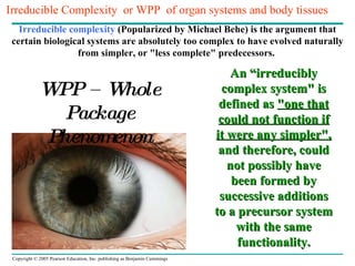 Irreducible Complexity  or WPP  of organ systems and body tissues Irreducible complexity  (Popularized by Michael Behe) is the argument that certain biological systems are absolutely too complex to have evolved naturally from simpler, or "less complete" predecessors.   An “irreducibly complex system" is defined as  "one that could not function if it were any simpler",  and therefore, could not possibly have been formed by successive additions to a precursor system with the same functionality. WPP – Whole Package Phenomenon 