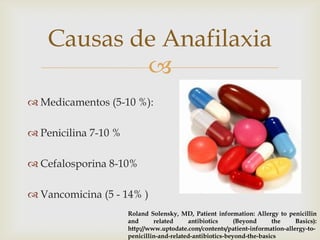 Causas de Anafilaxia
            
 Medicamentos (5-10 %):

 Penicilina 7-10 %

 Cefalosporina 8-10%

 Vancomicina (5 - 14% )
                      Roland Solensky, MD, Patient information: Allergy to penicillin
                      and      related     antibiotics      (Beyond     the    Basics):
                      http://www.uptodate.com/contents/patient-information-allergy-to-
                      penicillin-and-related-antibiotics-beyond-the-basics
 