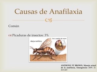 Causas de Anafilaxia
            
Común

 Picaduras de insectos: 3%




                              ANTHONY FT BROWN, Manejo actual
                              de la anafilaxia, Emergencias 2009; 21:
                              213-223
 