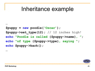 PHP Workshop ‹#›
Inheritance example
…
$puppy = new poodle(‘Oscar’);
$puppy->set_type(12); // 12 inches high!
echo “Poodle is called {$puppy->name}, ”;
echo “of type {$puppy->type}, saying “;
echo $puppy->bark();
…
 
