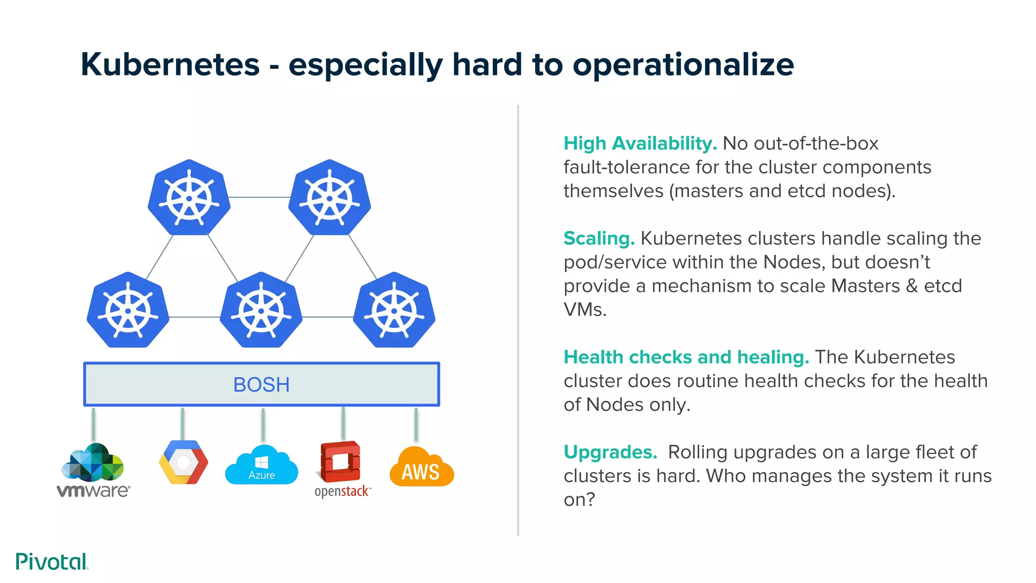 Kubernetes - especially hard to operationalize
High Availability. No out-of-the-box
fault-tolerance for the cluster components
themselves (masters and etcd nodes).
Scaling. Kubernetes clusters handle scaling the
pod/service within the Nodes, but doesn’t
provide a mechanism to scale Masters & etcd
VMs.
Health checks and healing. The Kubernetes
cluster does routine health checks for the health
of Nodes only.
Upgrades.  Rolling upgrades on a large fleet of
clusters is hard. Who manages the system it runs
on?
BOSH
 