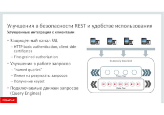 Улучшения в безопасности REST и удобстве использования 
Улучшенные интеграция с клиентами 
• Защищенный канал SSL 
– HTTP basic authentication, client-side 
certificates 
– Fine-grained authorization 
• Улучшения в работе запросов 
– “named queries” 
– Лимит на результаты запросов 
– Получение кeyset 
• Подключаемые движки запросов 
(Query Engines) 
In-Memory Data Grid 
Proxy Tier 
Data Tier 
 