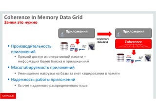 Coherence In Memory Data Grid 
Зачем это нужно 
 Производительность 
приложений 
Приложения Приложения 
 Прямой доступ из оперативной памяти – 
информация более близка к приложениям 
 Масштабируемость приложений 
 Уменьшение нагрузки на базы за счет кэширования в памяти 
 Надежность работы приложений 
 За счет надежного распределенного кэша 
Coherence 
In Memory 
Data Grid 
 