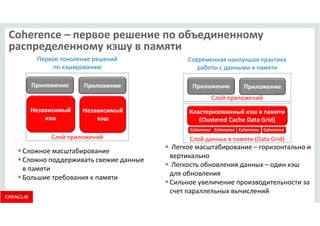 Coherence – первое решение по объединенному 
распределенному кэшу в памяти 
Первое поколение решений 
по кэшированию 
Приложение Приложение 
Независимый 
кэш 
Независимый 
кэш 
 Сложное масштабирование 
 Сложно поддерживать свежие данные 
в памяти 
 Большие требования к памяти 
Современная наилучшая практика 
работы с данными в памяти 
Приложение Приложение 
Слой приложений 
Слой приложений 
Кластеризованный кэш в памяти 
(Clustered Cache Data Grid) 
Coherence Coherence Coherence Coherence 
Слой данных в памяти (Data Grid) 
 Легкое масштабирование – горизонтально и 
вертикально 
 Легкость обновления данных – один кэш 
для обновления 
 Сильное увеличение производительности за 
счет параллельных вычислений 
 