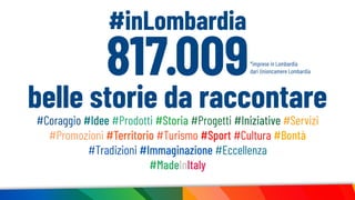 817.009
belle storie da raccontare
#inLombardia
*imprese in Lombardia
dari Unioncamere Lombardia
#Coraggio #Idee #Prodotti #Storia #Progetti #Iniziative #Servizi
#Promozioni #Territorio #Turismo #Sport #Cultura #Bontà
#Tradizioni #Immaginazione #Eccellenza
#MadeInItaly
 