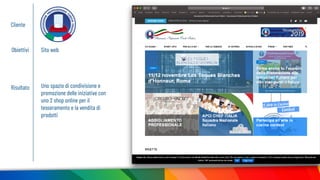 Cliente
Obiettivi Sito web
Risultato Uno spazio di condivisione e
promozione delle iniziative con
uno 2 shop online per il
tesseramento e la vendita di
prodotti
 