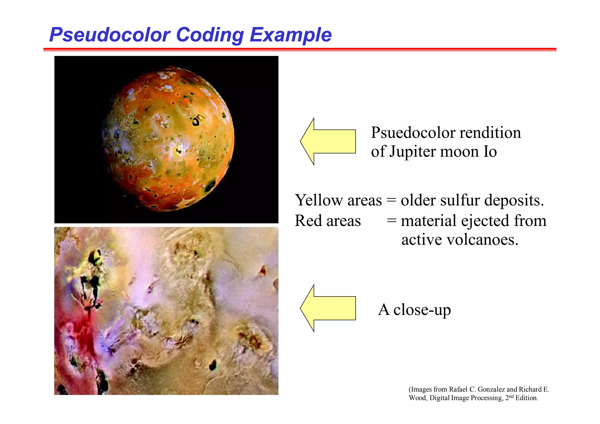 (Images from Rafael C. Gonzalez and Richard E.
Wood, Digital Image Processing, 2nd Edition.
Pseudocolor Coding Example
Pseudocolor Coding Example
Psuedocolor rendition
of Jupiter moon Io
A close-up
Yellow areas = older sulfur deposits.
Red areas = material ejected from
active volcanoes.
 