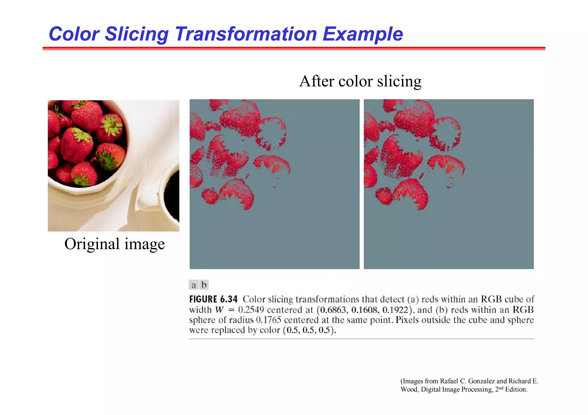 (Images from Rafael C. Gonzalez and Richard E.
Wood, Digital Image Processing, 2nd Edition.
Color Slicing Transformation Example
Color Slicing Transformation Example
Original image
After color slicing
 