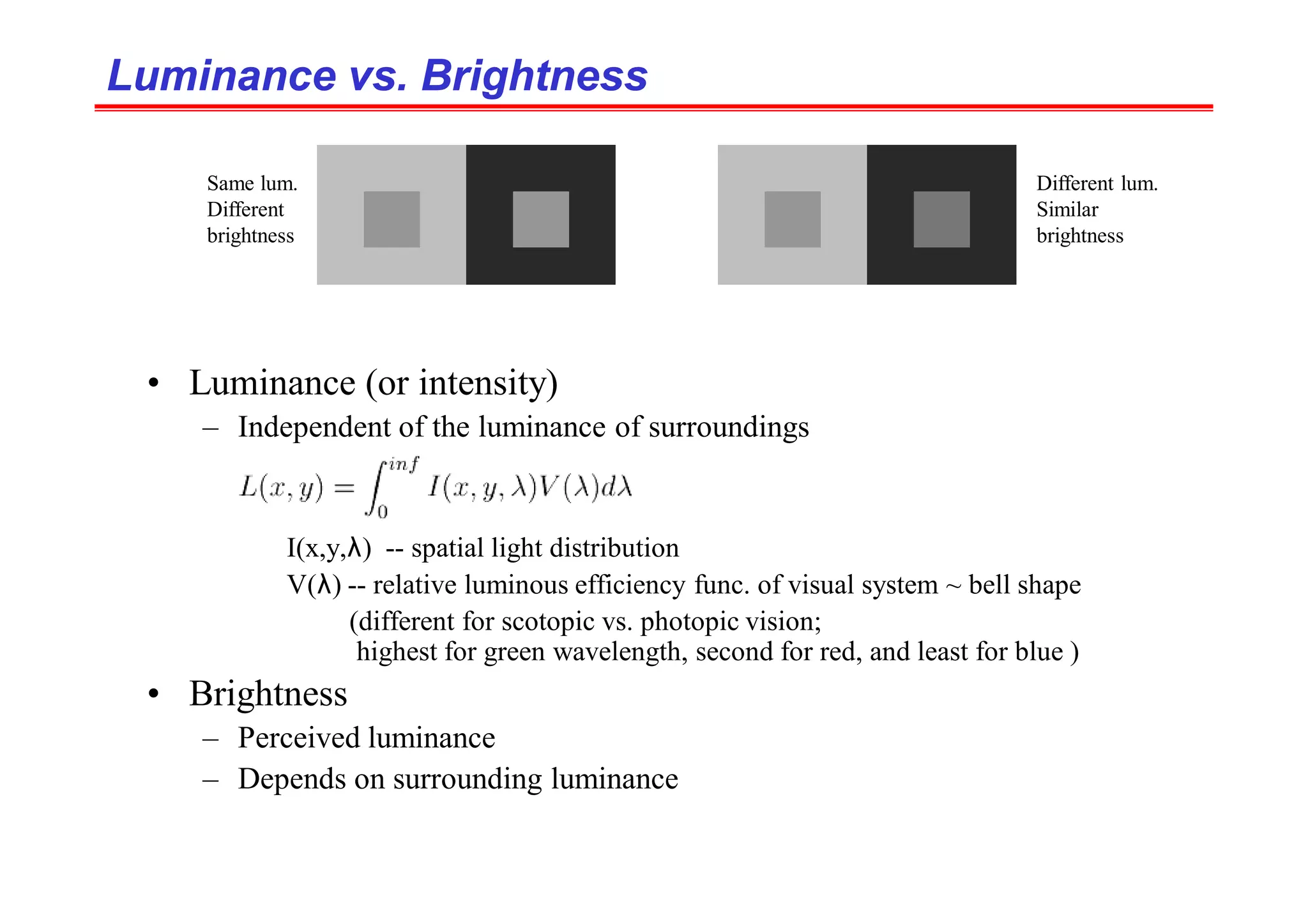 Luminance vs. Brightness
Luminance vs. Brightness
• Luminance (or intensity)
– Independent of the luminance of surroundings
I(x,y,λ) -- spatial light distribution
V(λ) -- relative luminous efficiency func. of visual system ~ bell shape
(different for scotopic vs. photopic vision;
highest for green wavelength, second for red, and least for blue )
• Brightness
– Perceived luminance
– Depends on surrounding luminance
Same lum.
Different
brightness
Different lum.
Similar
brightness
 