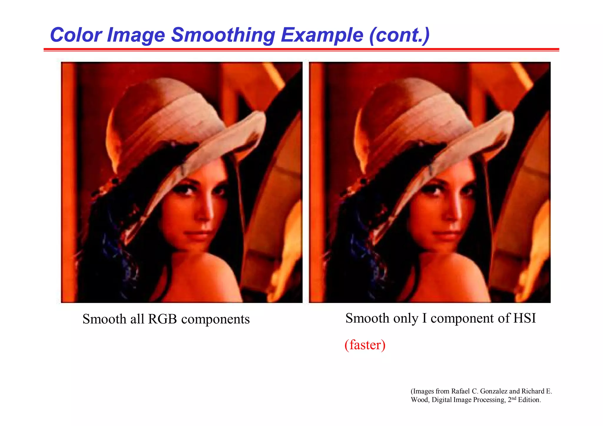 (Images from Rafael C. Gonzalez and Richard E.
Wood, Digital Image Processing, 2nd Edition.
Color Image Smoothing Example (cont.)
Color Image Smoothing Example (cont.)
Smooth all RGB components Smooth only I component of HSI
(faster)
 