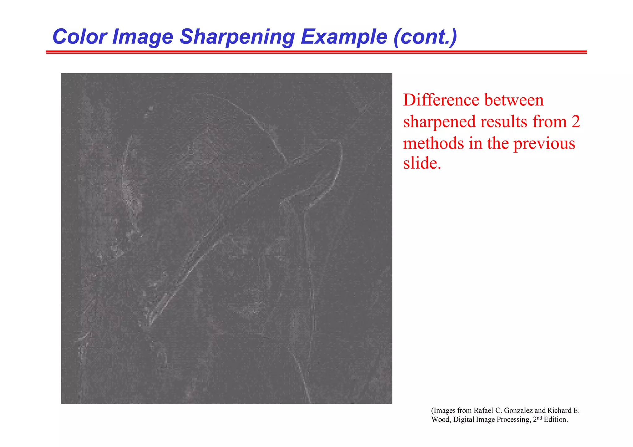 (Images from Rafael C. Gonzalez and Richard E.
Wood, Digital Image Processing, 2nd Edition.
Color Image Sharpening Example (cont.)
Color Image Sharpening Example (cont.)
Difference between
sharpened results from 2
methods in the previous
slide.
 