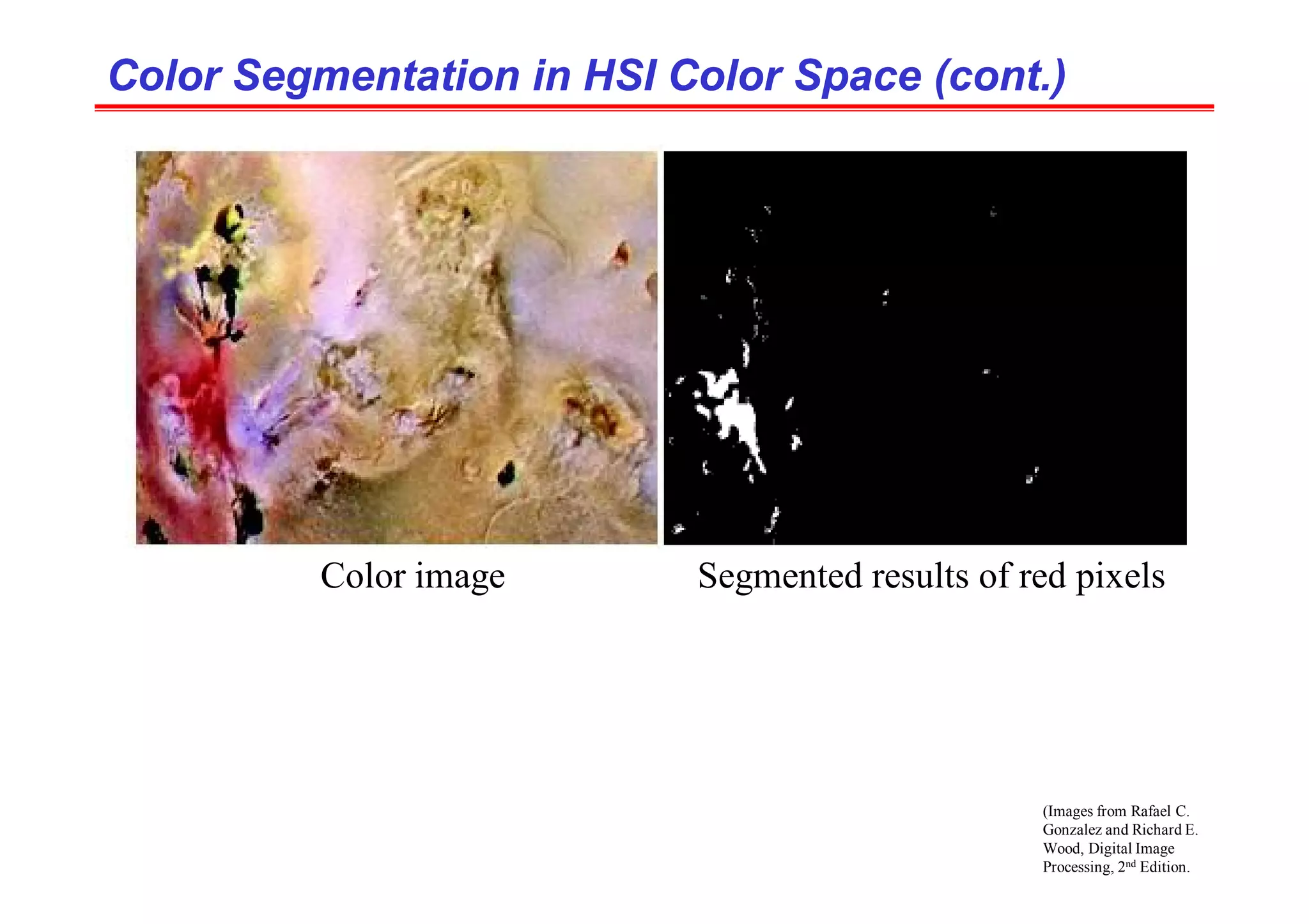 Color Segmentation in HSI Color Space (cont.)
Color Segmentation in HSI Color Space (cont.)
Color image Segmented results of red pixels
(Images from Rafael C.
Gonzalez and Richard E.
Wood, Digital Image
Processing, 2nd Edition.
 