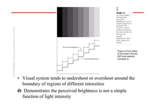 Mach Bands
• Visual system tends to undershoot or overshoot around the
boundary of regions of different intensities
è Demonstrates the perceived brightness is not a simple
function of light intensity
Figure is from slides
at Gonzalez/ Woods
DIP book website
(Chapter 2)
UMCP
ENEE631
Slides
(created
by
M.Wu
©
2004)
 