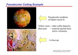 (Images from Rafael C. Gonzalez and Richard E.
Wood, Digital Image Processing, 2nd Edition.
Pseudocolor Coding Example
Pseudocolor Coding Example
Psuedocolor rendition
of Jupiter moon Io
A close-up
Yellow areas = older sulfur deposits.
Red areas = material ejected from
active volcanoes.
 