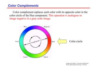 (Images from Rafael C. Gonzalez and Richard E.
Wood, Digital Image Processing, 2nd Edition.
Color Complements
Color Complements
Color complement replaces each color with its opposite color in the
color circle of the Hue component. This operation is analogous to
image negative in a gray scale image.
Color circle
 