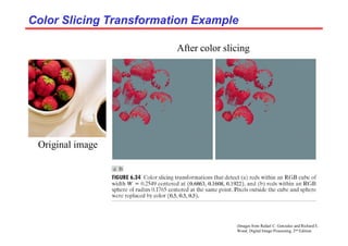 (Images from Rafael C. Gonzalez and Richard E.
Wood, Digital Image Processing, 2nd Edition.
Color Slicing Transformation Example
Color Slicing Transformation Example
Original image
After color slicing
 