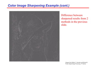 (Images from Rafael C. Gonzalez and Richard E.
Wood, Digital Image Processing, 2nd Edition.
Color Image Sharpening Example (cont.)
Color Image Sharpening Example (cont.)
Difference between
sharpened results from 2
methods in the previous
slide.
 