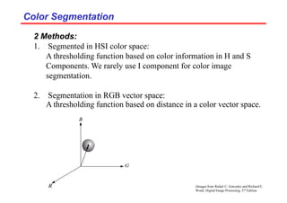(Images from Rafael C. Gonzalez and Richard E.
Wood, Digital Image Processing, 2nd Edition.
Color Segmentation
Color Segmentation
2 Methods:
1. Segmented in HSI color space:
A thresholding function based on color information in H and S
Components. We rarely use I component for color image
segmentation.
2. Segmentation in RGB vector space:
A thresholding function based on distance in a color vector space.
 