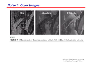 (Images from Rafael C. Gonzalez and Richard E.
Wood, Digital Image Processing, 2nd Edition.
Noise in Color Images
Noise in Color Images
Hue Saturation Intensity
 