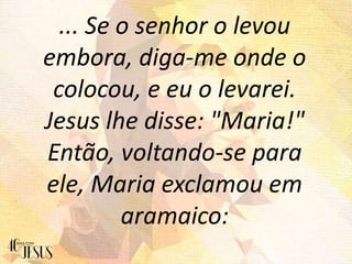 ... Se o senhor o levou
embora, diga-me onde o
colocou, e eu o levarei.
Jesus lhe disse: "Maria!"
Então, voltando-se para
ele, Maria exclamou em
aramaico:
 