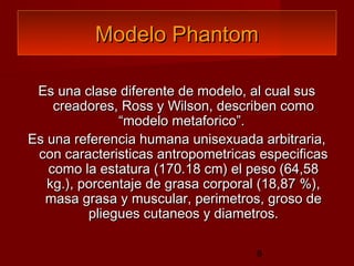 Modelo Phantom

 Es una clase diferente de modelo, al cual sus
    creadores, Ross y Wilson, describen como
               “modelo metaforico”.
Es una referencia humana unisexuada arbitraria,
 con caracteristicas antropometricas especificas
   como la estatura (170.18 cm) el peso (64,58
   kg.), porcentaje de grasa corporal (18,87 %),
  masa grasa y muscular, perimetros, groso de
          pliegues cutaneos y diametros.

                                    8
 