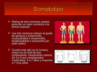 Somatotipo
Rating de tres números usados
para dar un valor numérico a la
forma corporal.

Los tres números indican el grado
de gordura o endomorfia,
muscularidad o mesomorfia,
longilinealidad o ectomorfia (en
este orden).

Cuanto mas alto es el numero,
mayor es el nivel de ese
componente. Usualmente valores
de 3 a 5 son considerados
moderados, 5 a 7 altos y mayores
a 7 muy altos.

                                    9
 