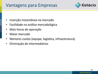 Vantagens	
  para	
  Empresas	
  

•    Inserção	
  instantânea	
  no	
  mercado	
  
•    Facilidade	
  na	
  análise	
  mercadológica	
  
•    Mais	
  horas	
  de	
  operação	
  
•    Maior	
  mercado	
  
•    Menores	
  custos	
  (equipe,	
  logísBca,	
  infraestrutura)	
  
•    Eliminação	
  de	
  intermediários	
  




                                                                         19	
  
 