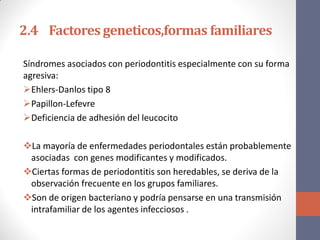 2.4 Factores geneticos,formas familiares
Síndromes asociados con periodontitis especialmente con su forma
agresiva:
Ehlers-Danlos tipo 8
Papillon-Lefevre
Deficiencia de adhesión del leucocito
La mayoría de enfermedades periodontales están probablemente
asociadas con genes modificantes y modificados.
Ciertas formas de periodontitis son heredables, se deriva de la
observación frecuente en los grupos familiares.
Son de origen bacteriano y podría pensarse en una transmisión
intrafamiliar de los agentes infecciosos .
 