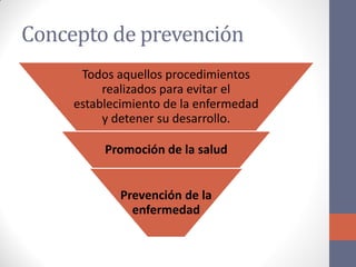 Concepto de prevención
Todos aquellos procedimientos
realizados para evitar el
establecimiento de la enfermedad
y detener su desarrollo.
Promoción de la salud
Prevención de la
enfermedad
 