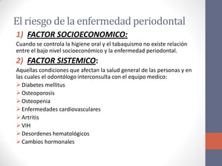 El riesgo de la enfermedad periodontal
1) FACTOR SOCIOECONOMICO:
Cuando se controla la higiene oral y el tabaquismo no existe relación
entre el bajo nivel socioeconómico y la enfermedad periodontal.
2) FACTOR SISTEMICO:
Aquellas condiciones que afectan la salud general de las personas y en
las cuales el odontólogo interconsulta con el equipo medico:
Diabetes mellitus
Osteoporosis
Osteopenia
Enfermedades cardiovasculares
Artritis
VIH
Desordenes hematológicos
Cambios hormonales
 