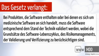 Bei Produkten, die Software enthalten oder bei denen es sich um
medizinische Software an sich handelt, muss die Software
entsprechend dem Stand der Technik validiert werden, wobei die
Grundsätze des Software-Lebenszyklus, des Risikomanagements,
der Validierung und Verifizierung zu berücksichtigen sind.
Das Gesetz verlangt:
MDDwww
Anhang I, Kapitel 12.1a
 