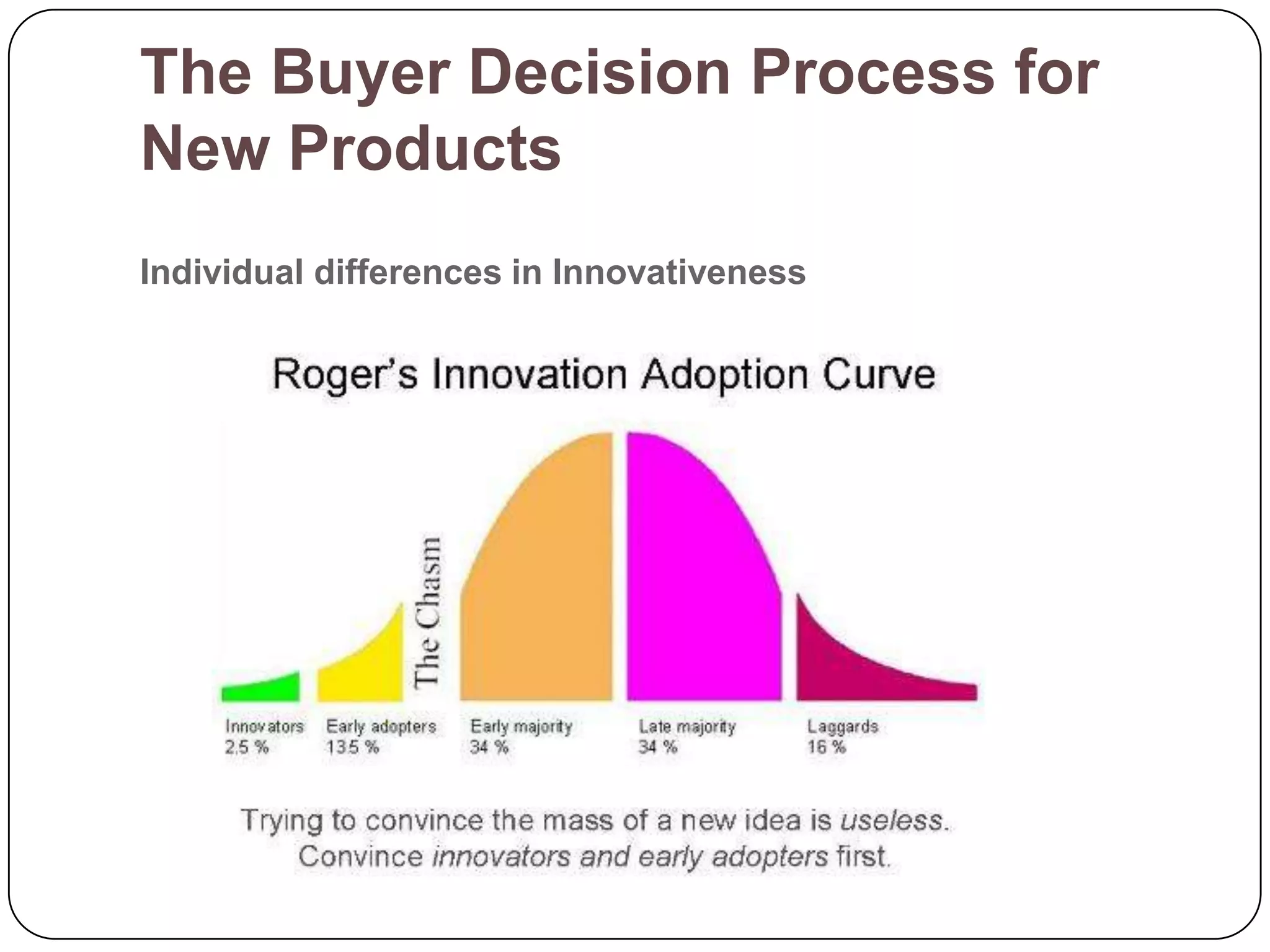 The Buyer Decision Process for
New Products
Individual differences in Innovativeness
 